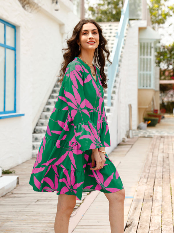 CATERINA - Floral Print Bell Sleeve Jurk