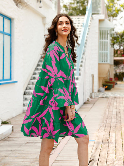 CATERINA - Floral Print Bell Sleeve Jurk