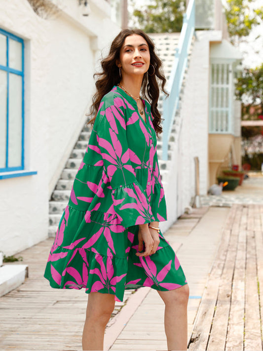 CATERINA - Floral Print Bell Sleeve Jurk