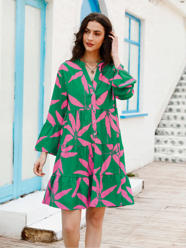 CATERINA - Floral Print Bell Sleeve Jurk