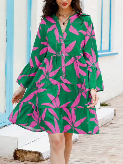 CATERINA - Floral Print Bell Sleeve Jurk